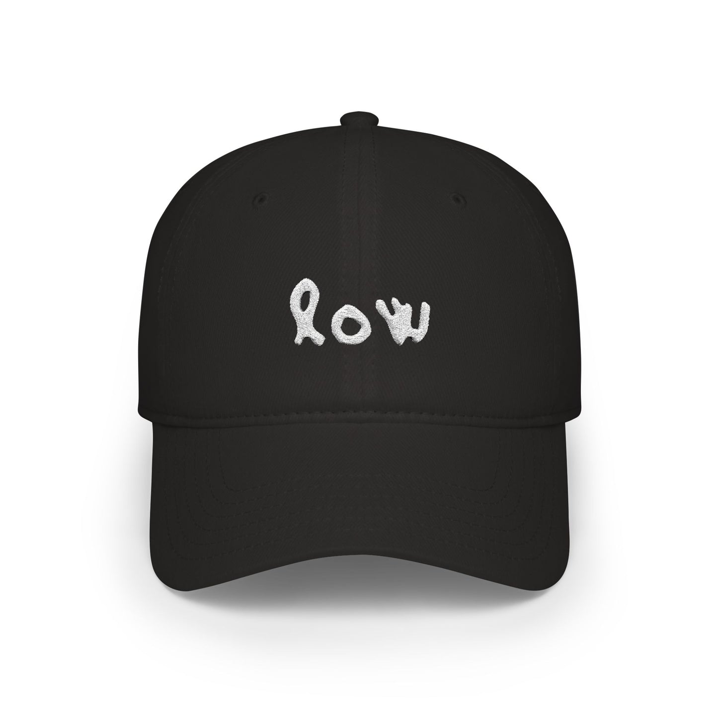 Black cap with 'LOW' embroidered on it against a white background