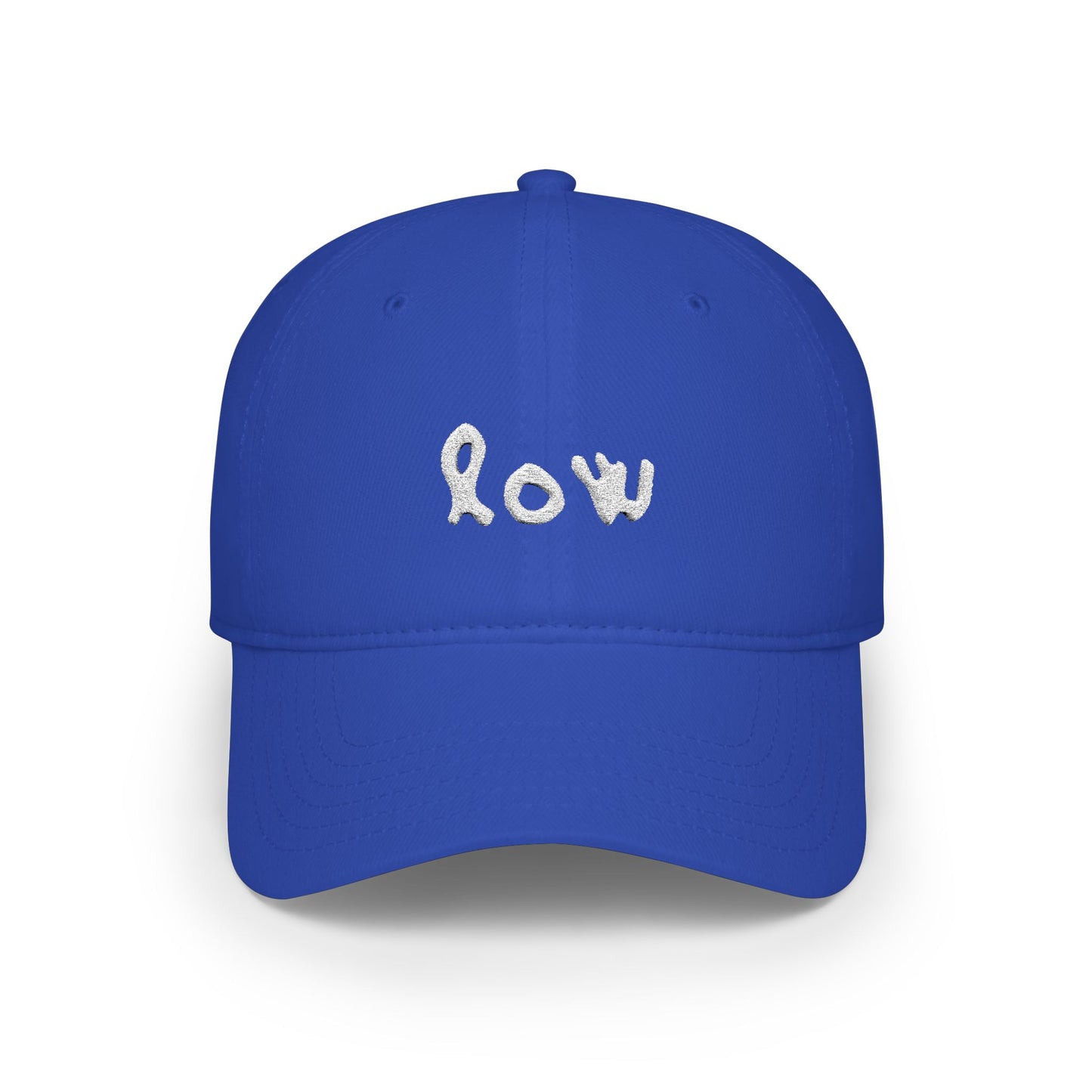 Blue cap with 'low' embroidered on it against a white background