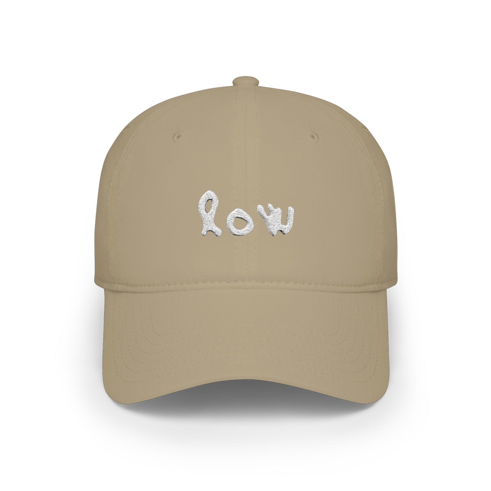 Beige cap with 'LOW' embroidered on it against a white background