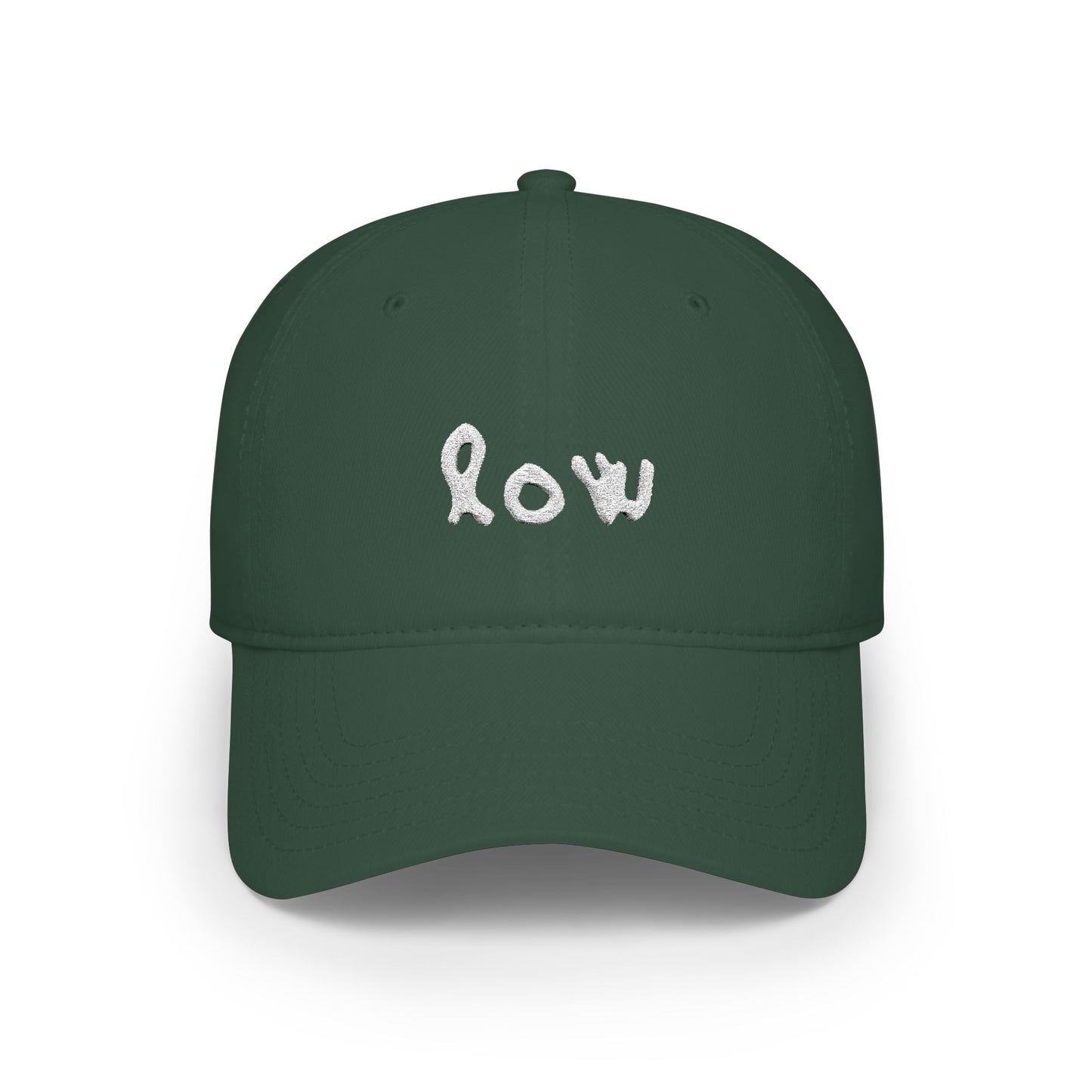 Green cap with 'low' embroidered on it against a white background