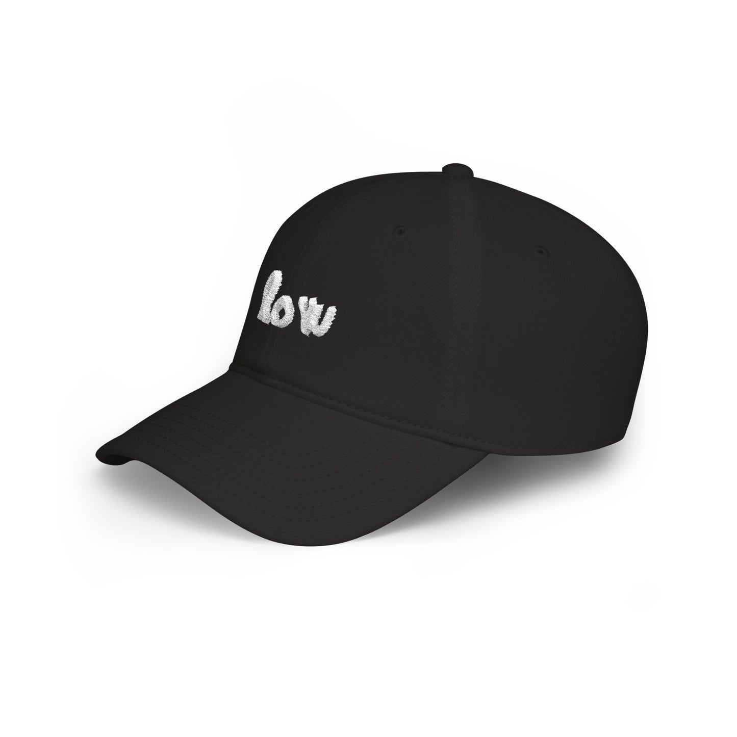 Black cap with white text on a white background
