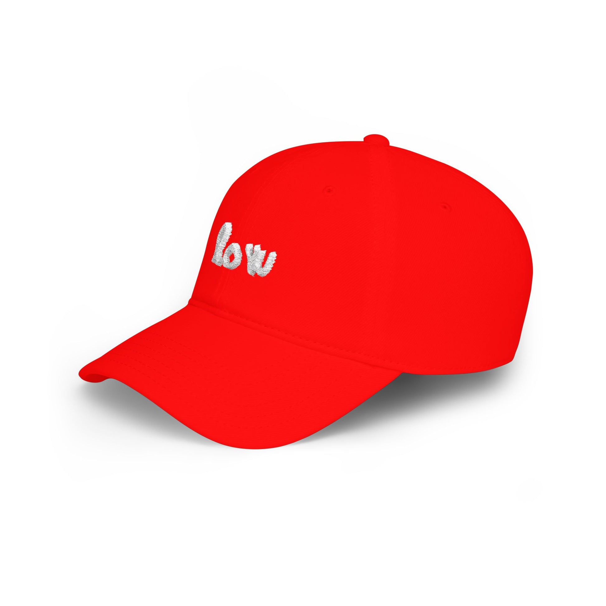 Red cap with a small logo on a white background