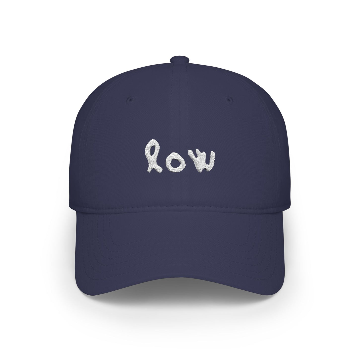 Navy blue cap with 'low' embroidered in white on a white background