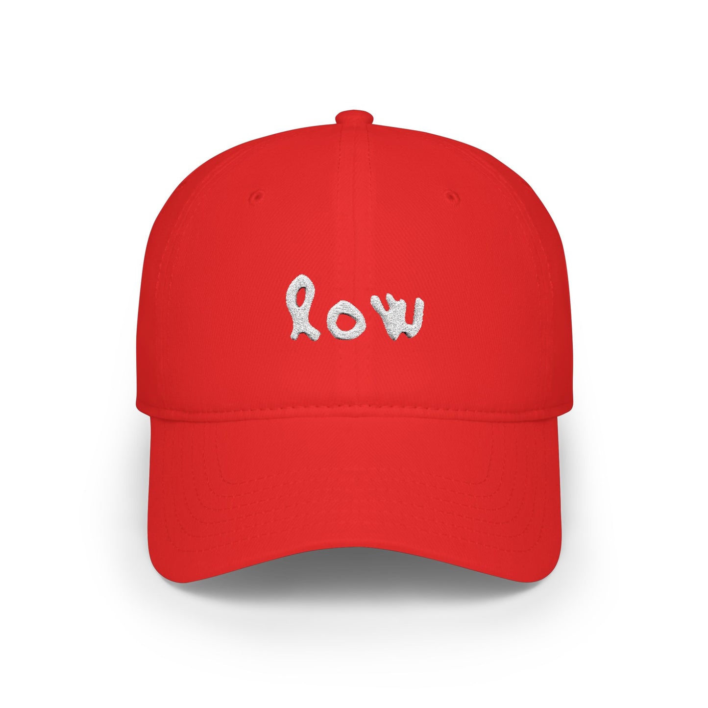 Red cap with white text on a white background