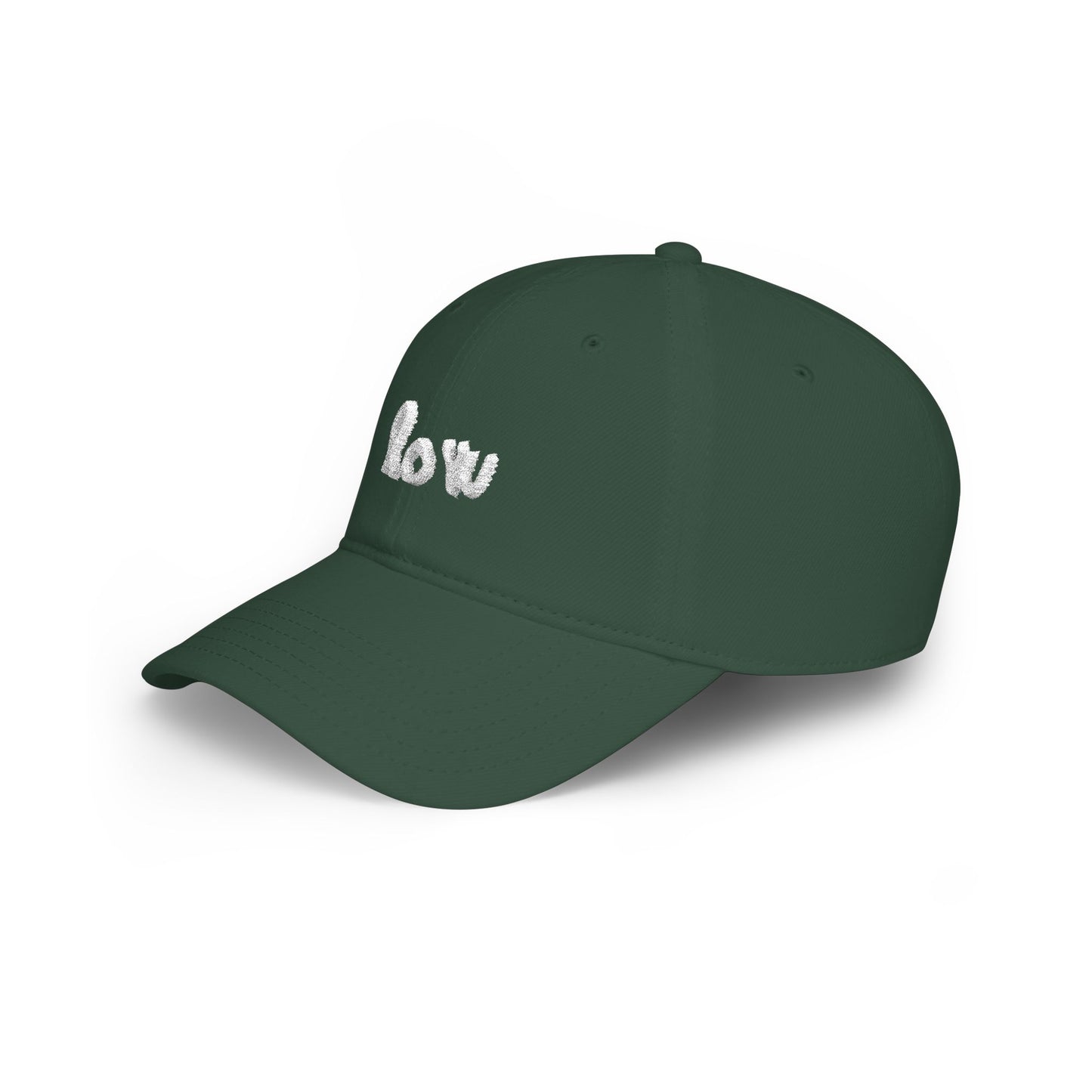 Navy blue cap with colorful text on a white background